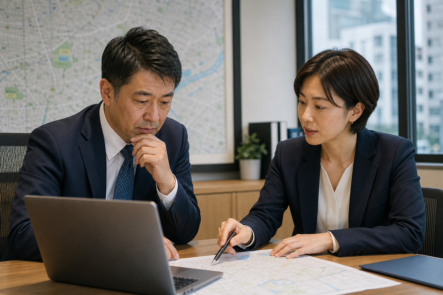 不動産仲介会社の承継条件を確認する経営者とアドバイザー