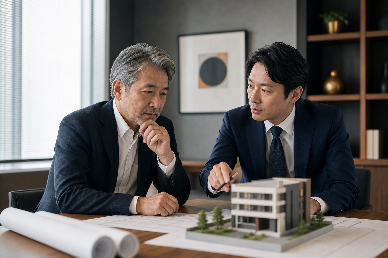 不動産開発会社の承継と成長計画を話し合う経営者とアドバイザー