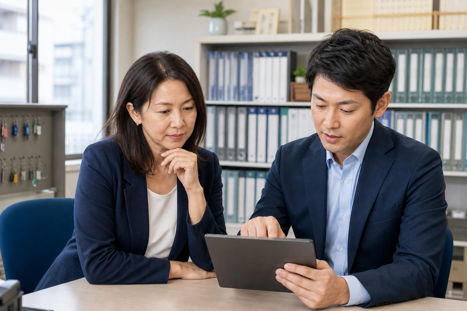 賃貸管理会社の事業承継について検討する経営者と管理担当者