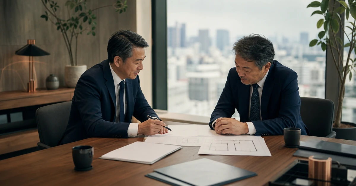 不動産会社の承継条件を確認する経営者とM&Aアドバイザー