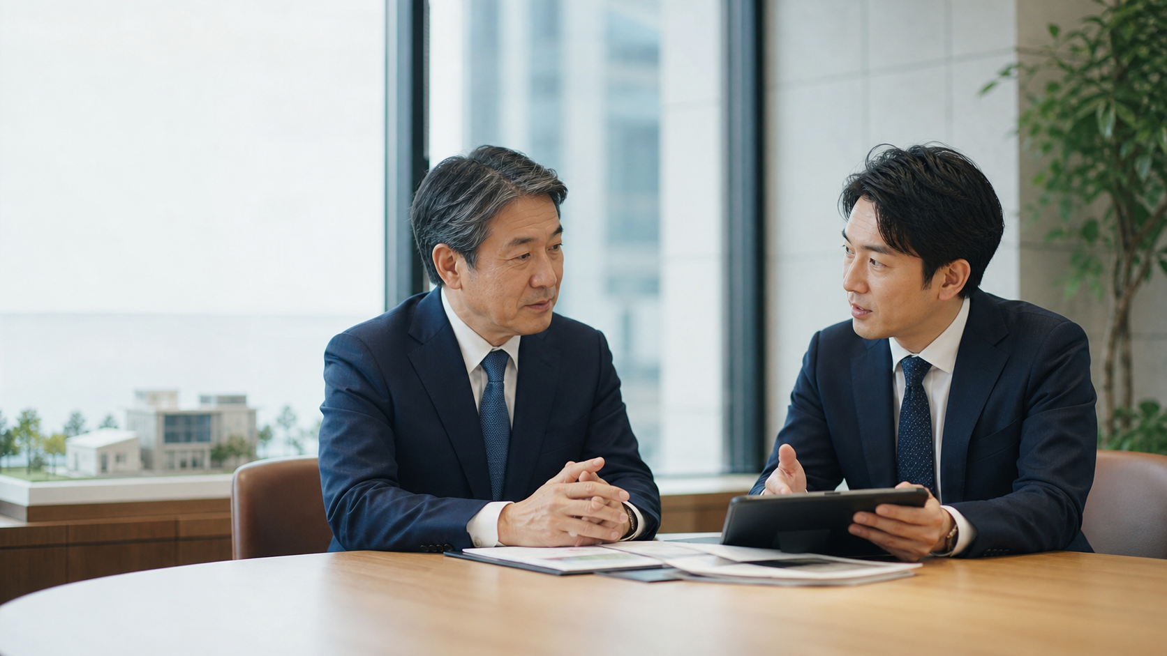 不動産会社の事業承継について相談する経営者とM&Aアドバイザー