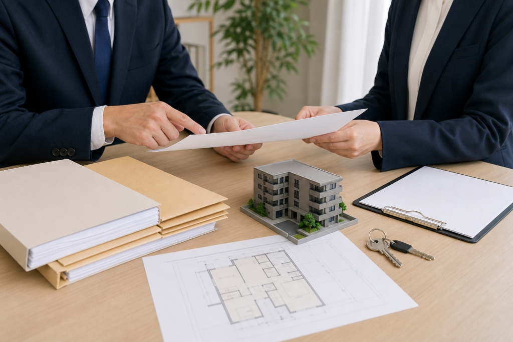 賃貸管理会社の修繕引継ぎをイメージした、資料を確認する担当者と集合住宅模型